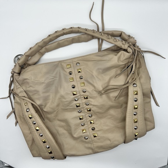 Gramercy Designs Beige Leather 2-Way Beaded Satchel Tote Crossbody Shoulder Bag - Picture 1 of 11